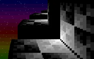 six panels show a pixelated, low-resolution staircase under a starry gradient sky, with the lighting and shadows shifting…