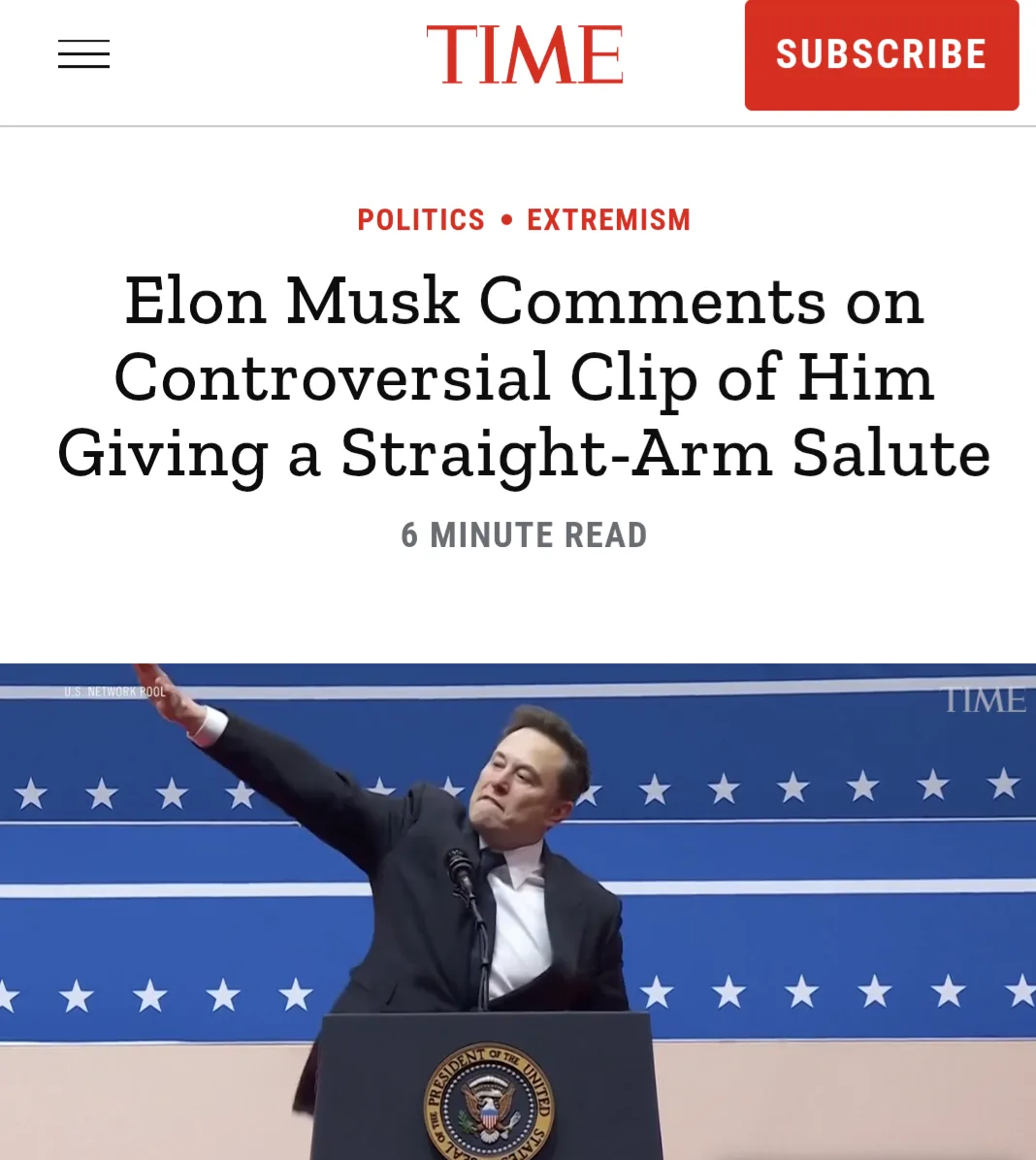A screenshot of a TIME magazine article header showing Elon Musk at a podium with the presidential seal, raising his arm in…