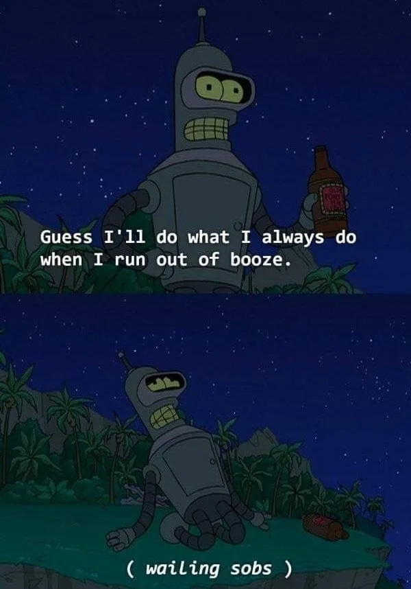 The image is a two-panel meme featuring the robot character Bender from the animated series Futurama. In the top panel…