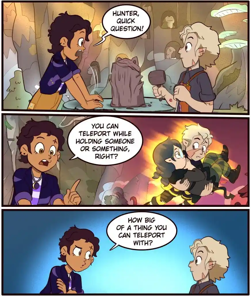 A three-panel comic strip from 'The Owl House' shows Luz asking Hunter a question about teleportation. In the first panel…