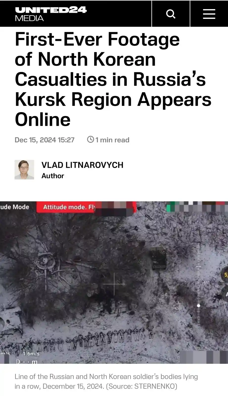 A screenshot of a United24 Media article dated Dec 15, 2024, features a grainy drone footage image showing a line of bodies…