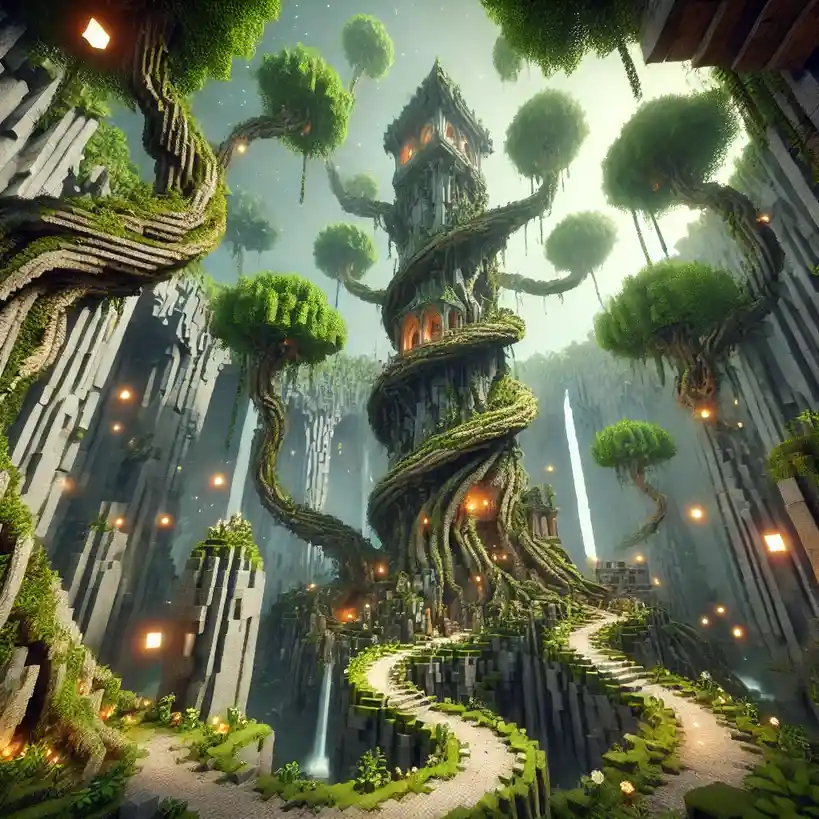 A fantastical, blocky, Minecraft-style image depicts a towering, spiraling structure made of stone and vines, with glowing…