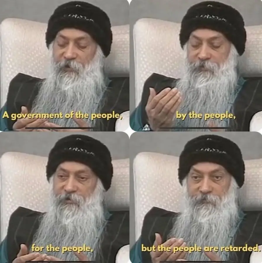 The image is a four-panel meme featuring a man with a long white beard and black knit cap, seated in a light-colored chair…