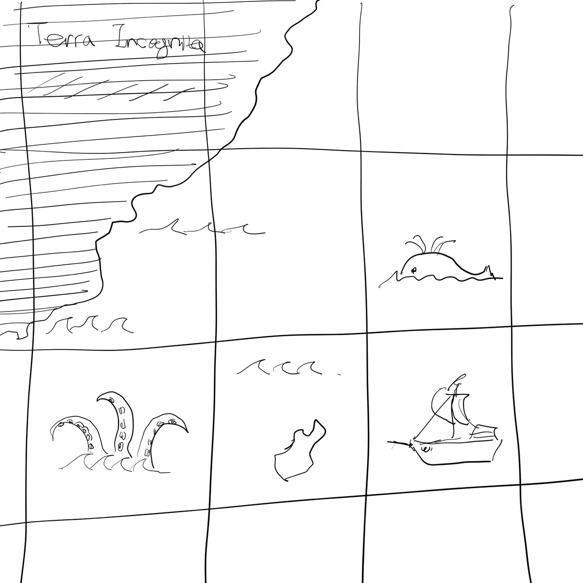 A hand-drawn, grid-based map shows a coastline labeled 'Terra Incognita' with various sea creatures and a ship. In one…