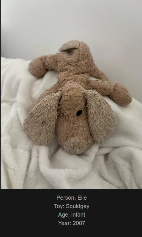 A worn, brown, fluffy stuffed dog toy named 'Squidgey' lies on a white blanket, its fabric frayed and one eye missing, with…