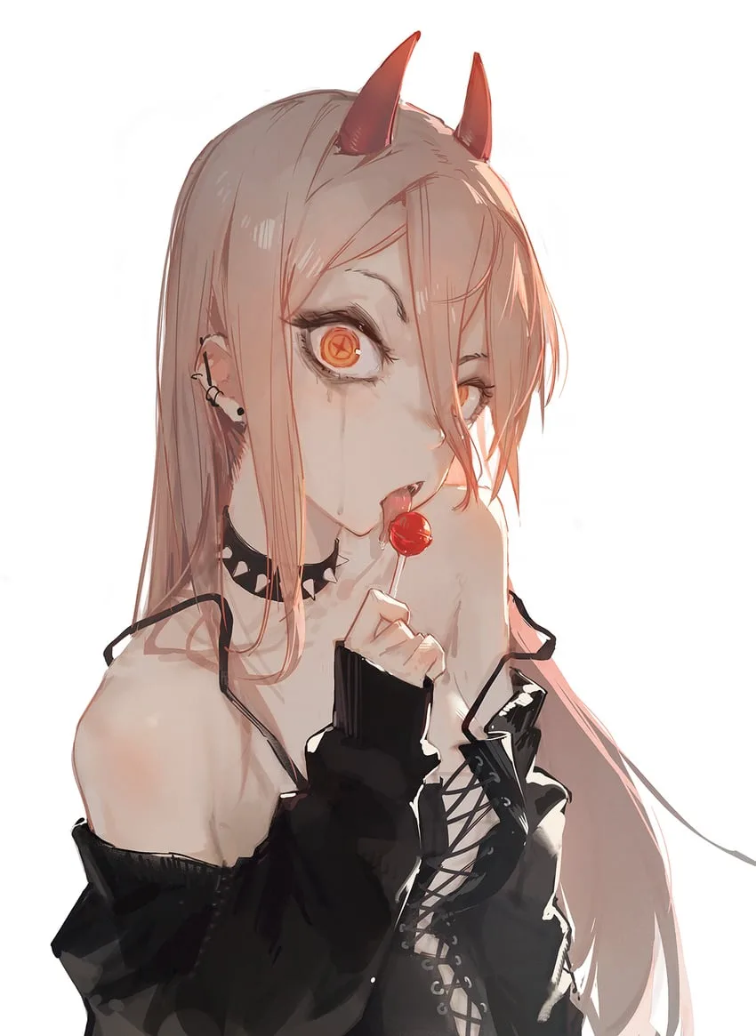 An anime-style illustration of a girl with light brown hair, red devil horns, and an orange eye with a pentagram symbol…