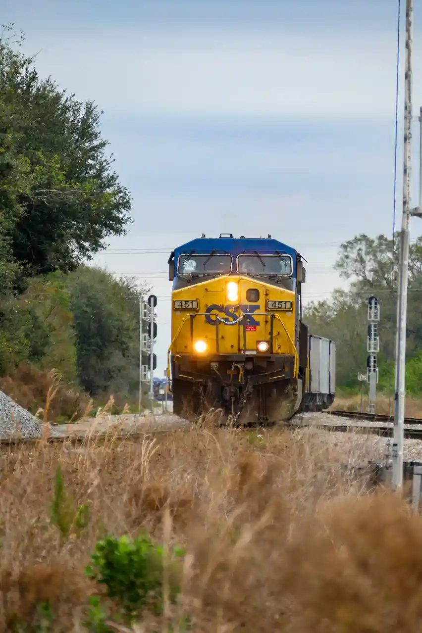A yellow and blue CSX freight train, numbered 451, is shown approaching on a railway track through dry grass and trees under…