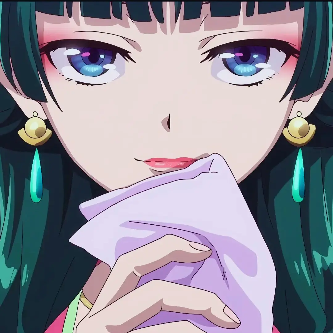 An anime girl with teal hair and large blue eyes holds a purple handkerchief to her mouth, her expression conveying strong…