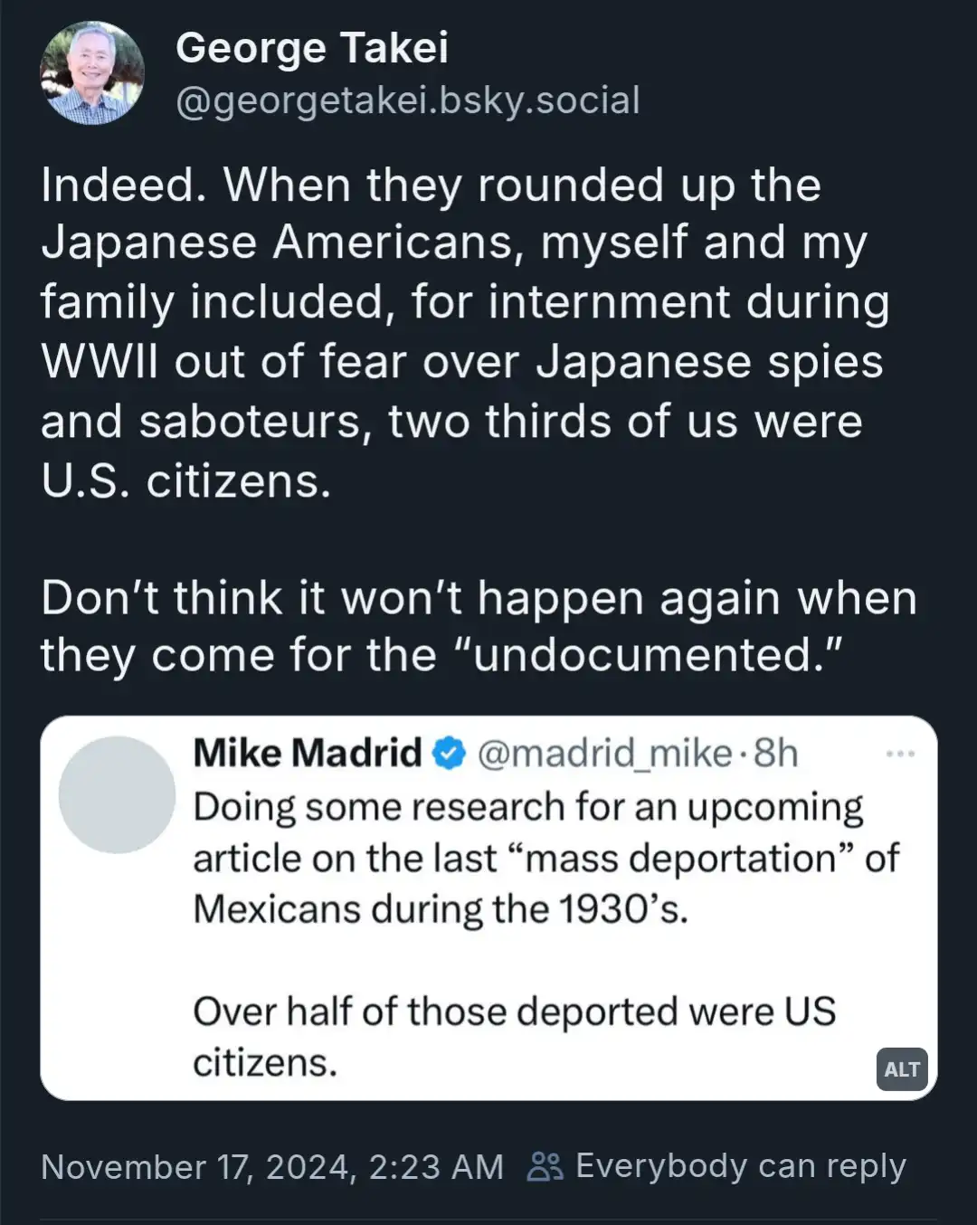 A screenshot of a social media thread where George Takei posts about Japanese Americans being interned during WWII, noting…