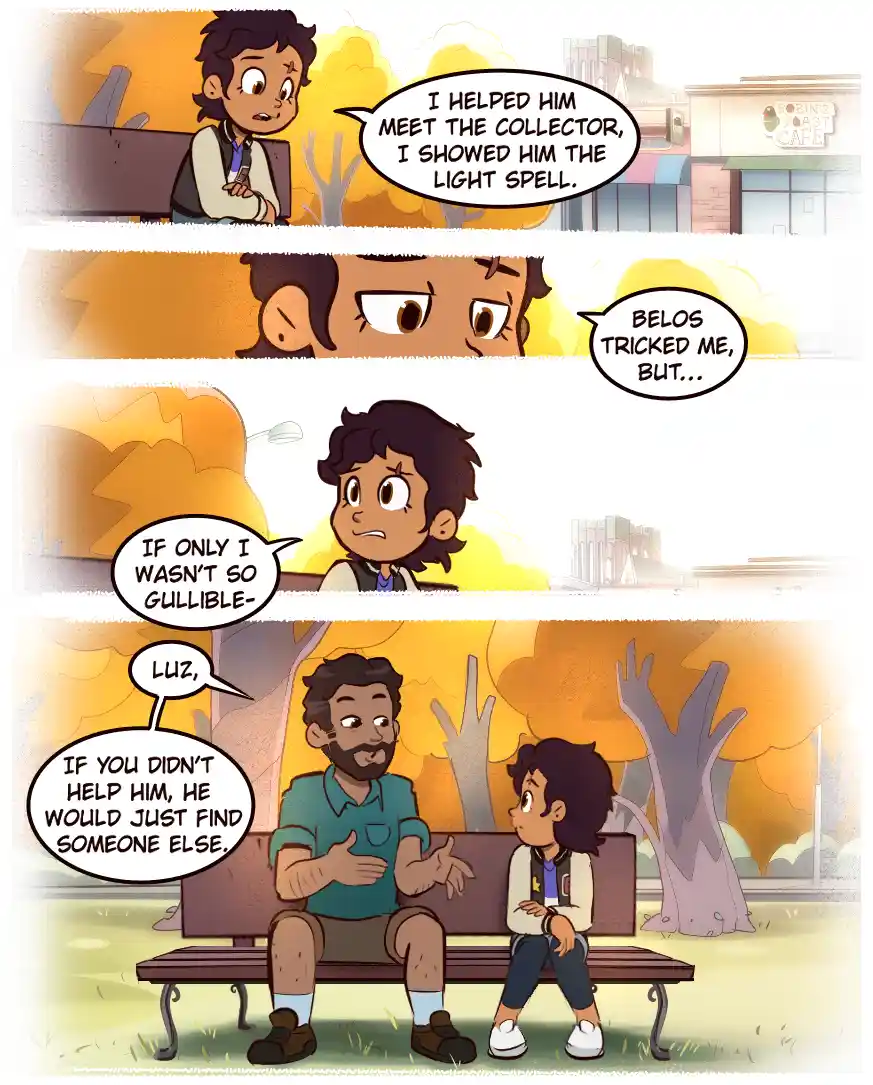 A four-panel comic strip featuring animated characters Luz and her father sitting on a park bench. Luz explains she helped a…