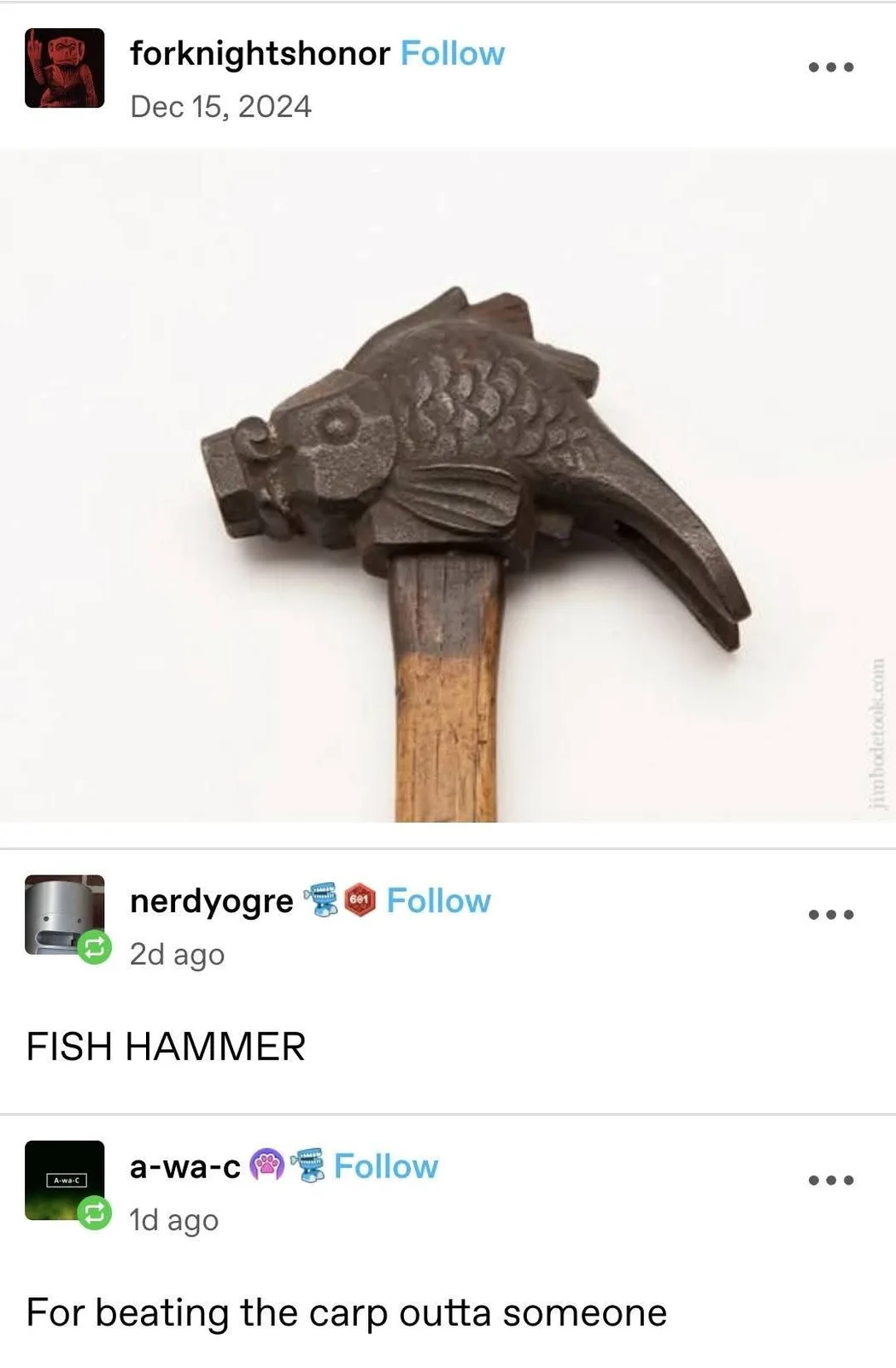 A close-up photo shows a hammer with a head shaped like a fish, complete with scales, fins, and an eye. The hammer has a…