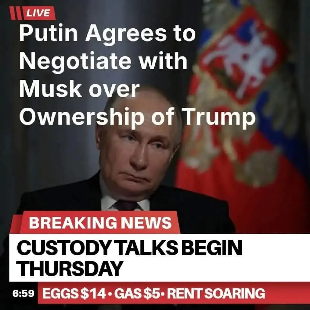 A still image of Vladimir Putin looking serious, overlaid with fake news text claiming he's negotiating with Elon Musk over…