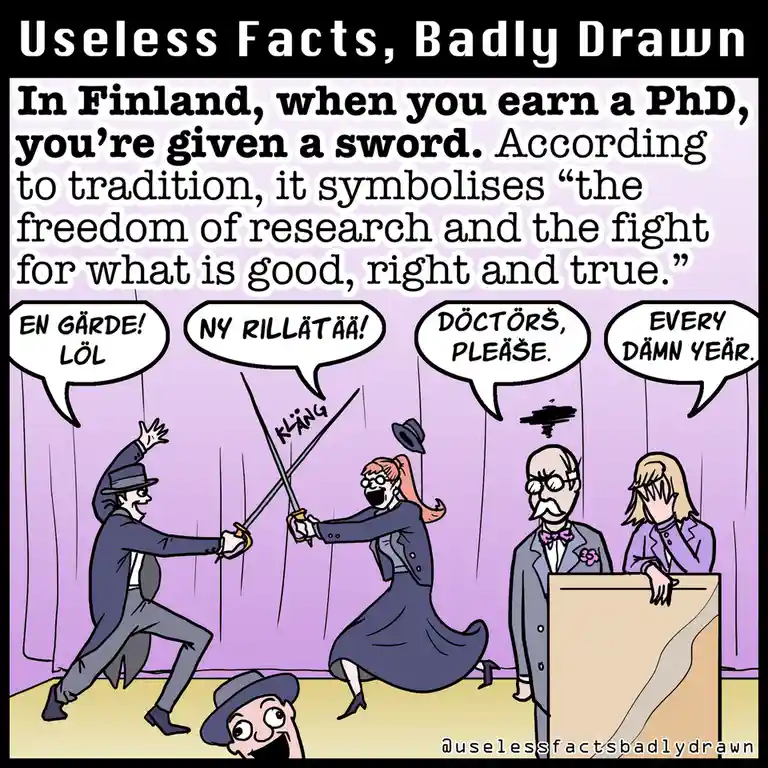 A cartoon depicts a comical, poorly drawn scene where two people in academic attire are dramatically sword-fighting. The…