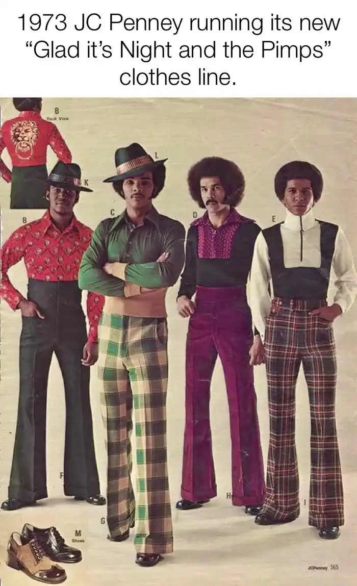 A vintage 1973 JC Penney clothing catalog image shows five men in flamboyant, bell-bottomed 1970s attire, including…