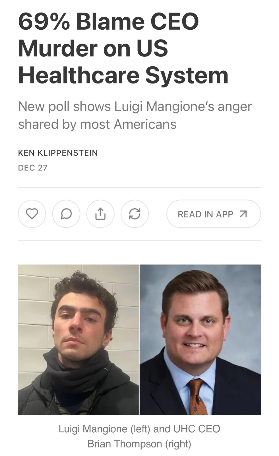 The image displays a fake news article headline claiming '69% Blame CEO Murder on US Healthcare System,' with a subheading…