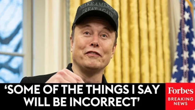 A photo of Elon Musk wearing a 'Make America Great Again' cap, looking upward with a slightly smug expression, set against a…