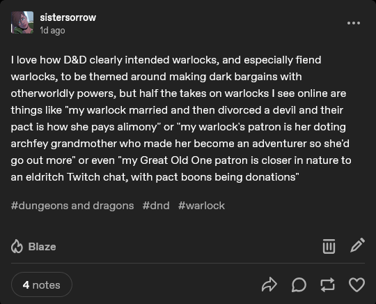 A screenshot of a Tumblr post by user 'sistersorrow' lamenting how modern D&D warlock characters are often portrayed with…