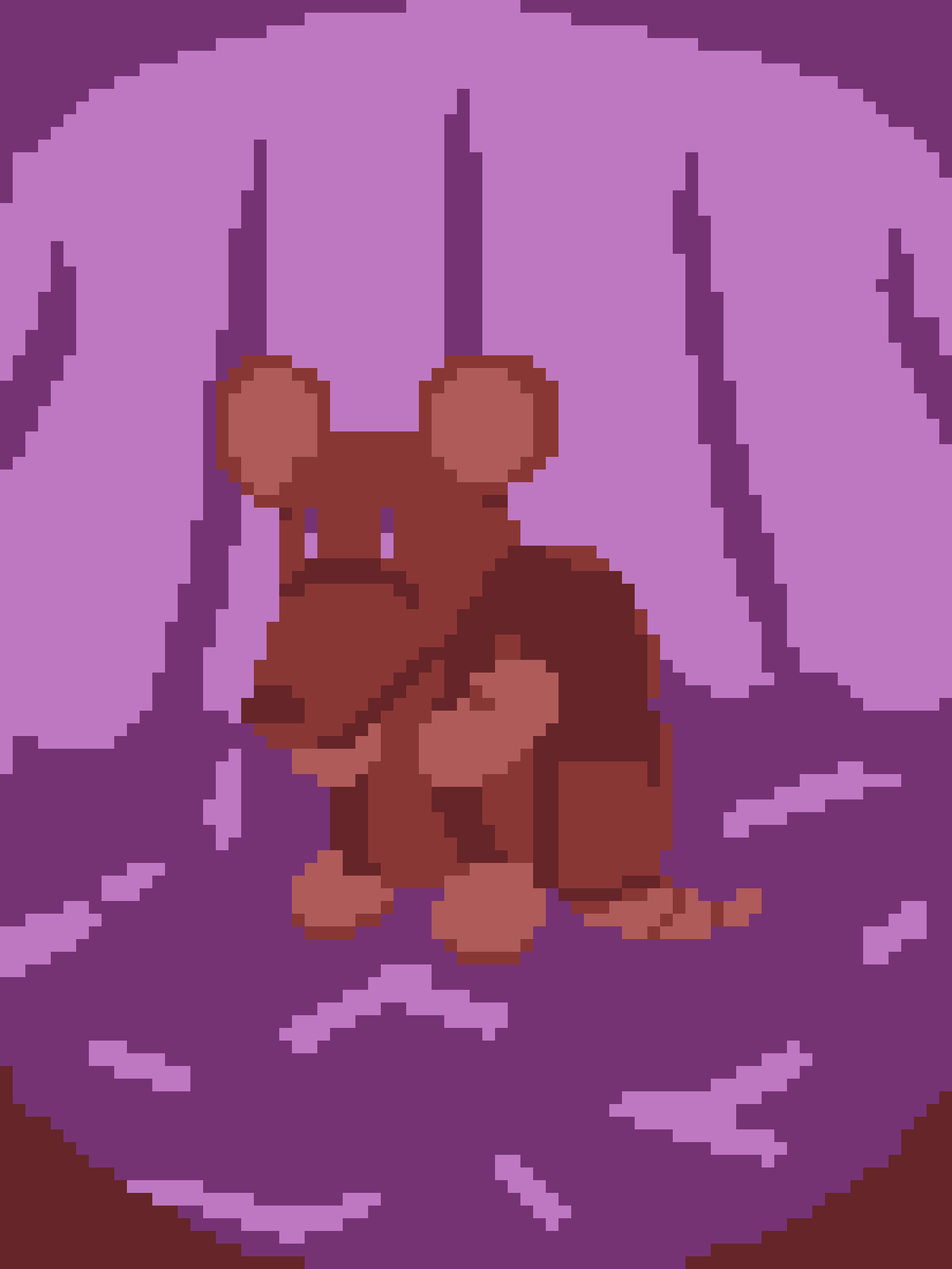 A pixelated brown mouse with large ears and a bushy tail sits in a purple, cloud-like swirl. The mouse has a neutral…
