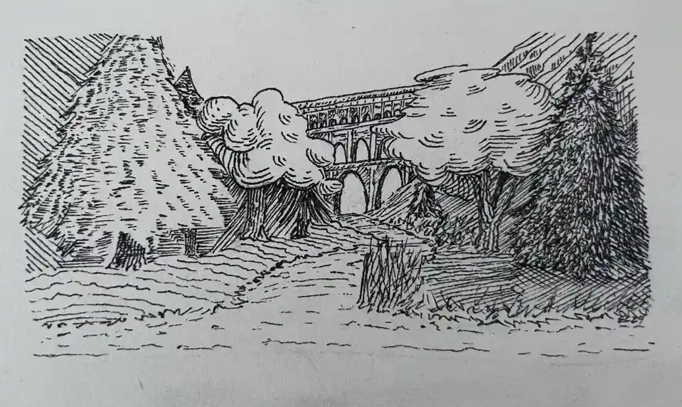 A black-and-white ink sketch depicts a stone bridge spanning a river, partially obscured by stylized trees and foliage on…