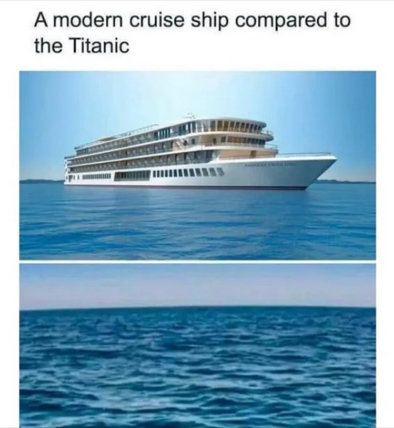 The image displays two panels: the top shows a modern cruise ship on calm blue water, and the bottom shows only ocean waves…