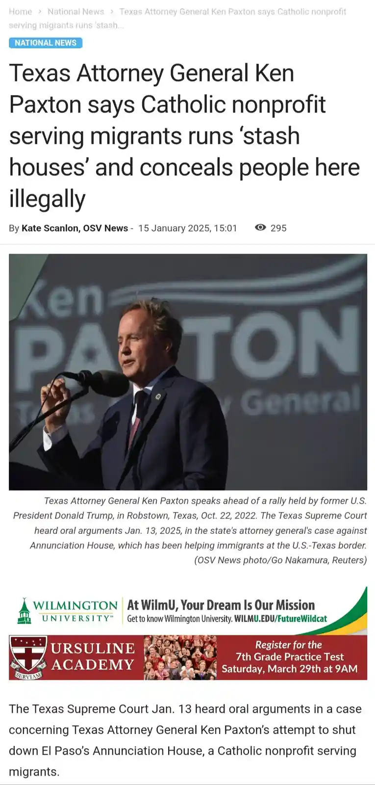 A screenshot of a news article shows Texas Attorney General Ken Paxton speaking at a podium, with a backdrop featuring his…