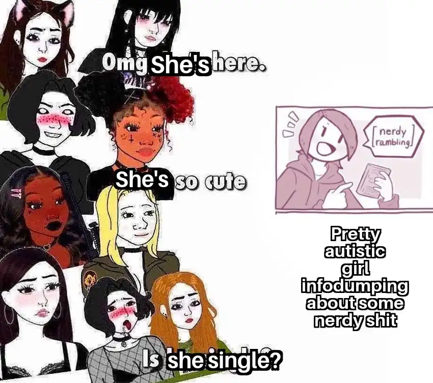 A collage of diverse anime-style female characters with various expressions, some blushing or looking shocked, overlaid with…