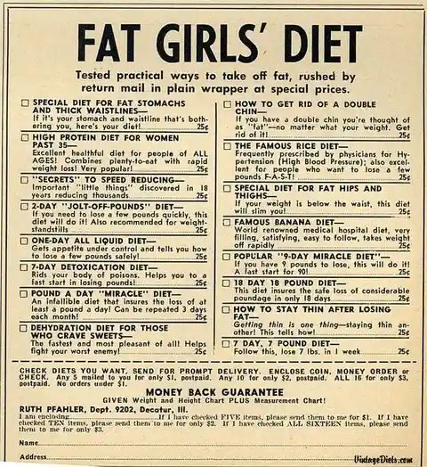 A vintage-style printed diet plan titled 'FAT GIRLS' DIET' lists absurd, pseudoscientific diets like 'Special Diet for Fat…