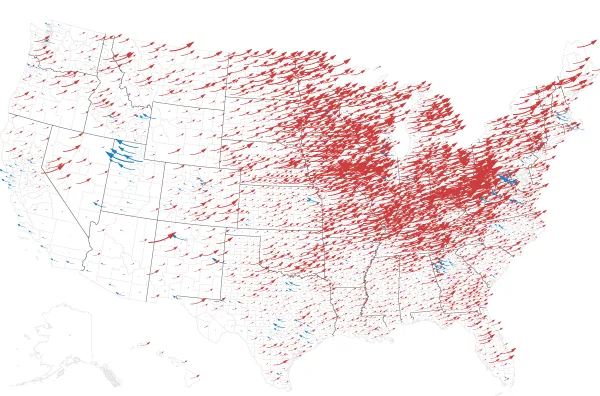 a map of the united states overlaid with numerous red arrows pointing eastward, with a few blue arrows pointing westward…