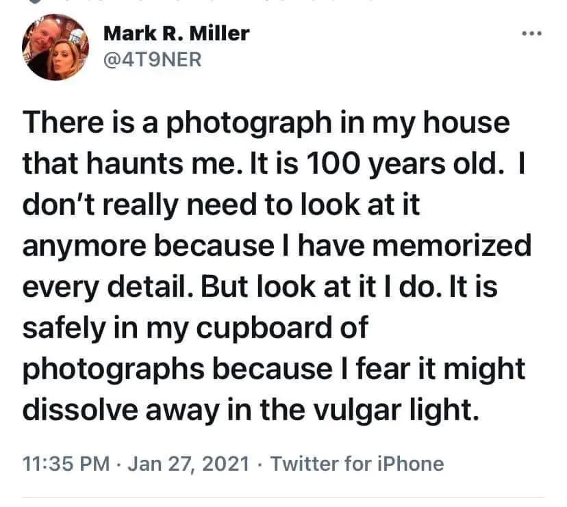 A screenshot of a tweet by Mark R. Miller (@4T9NER) from January 27, 2021, showing a block of text describing a 100-year-old…