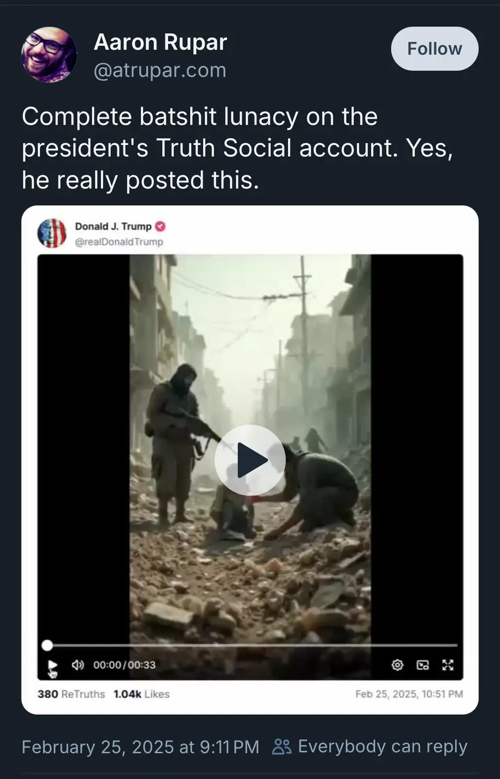 A screenshot of a tweet from Donald J. Trump's Truth Social account shows a video thumbnail depicting armed men in a…