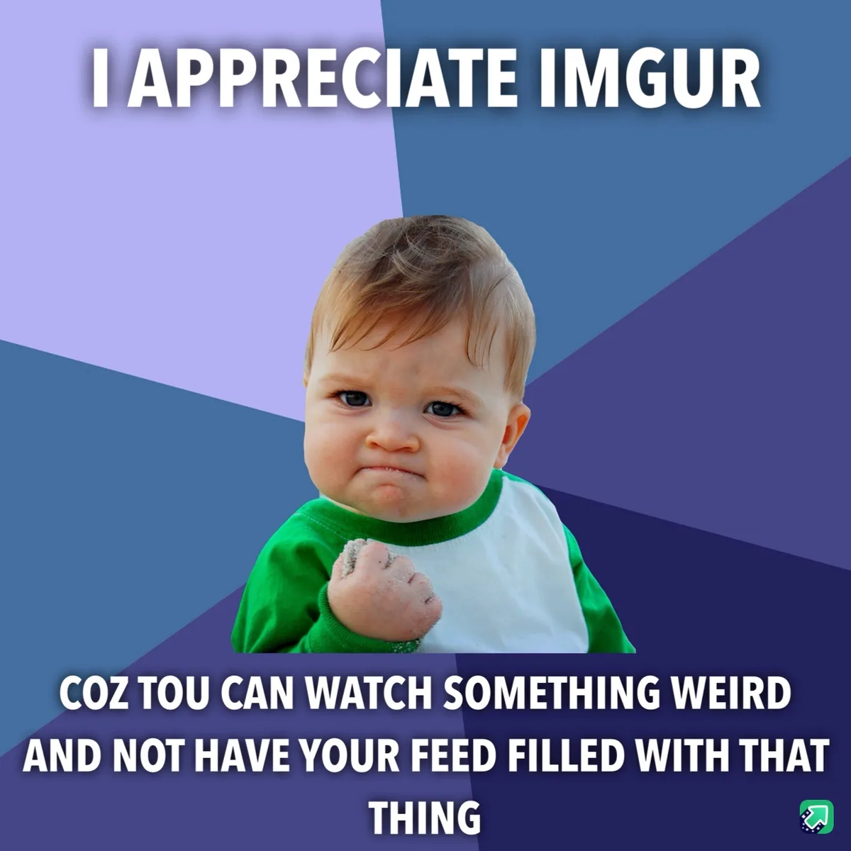 A baby with a scrunched face and clenched fist is centered against a geometric blue and purple background. The text reads 'I…
