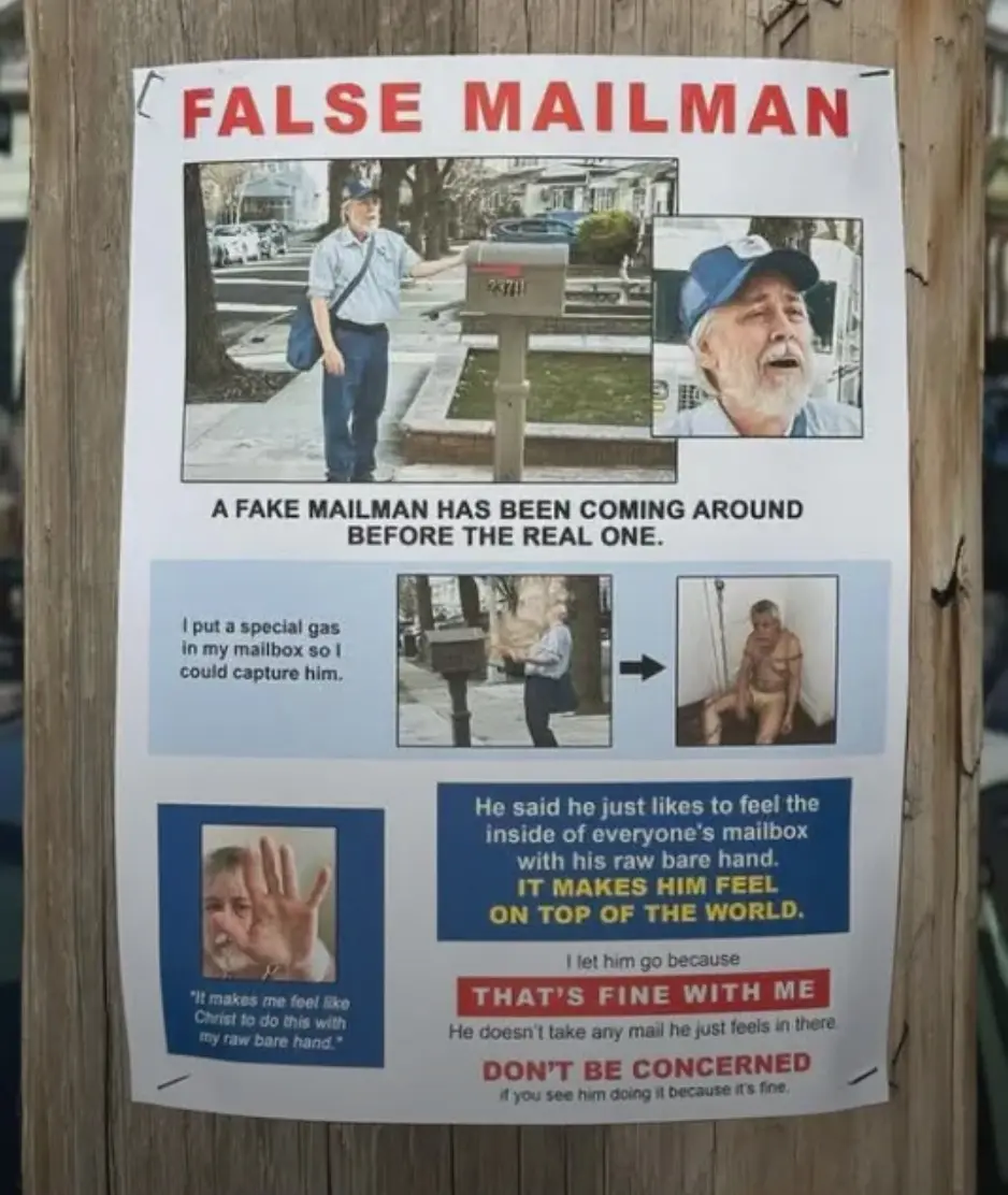A flyer posted on a wooden post warns about a 'false mailman' who allegedly uses a special gas to capture people and feels…