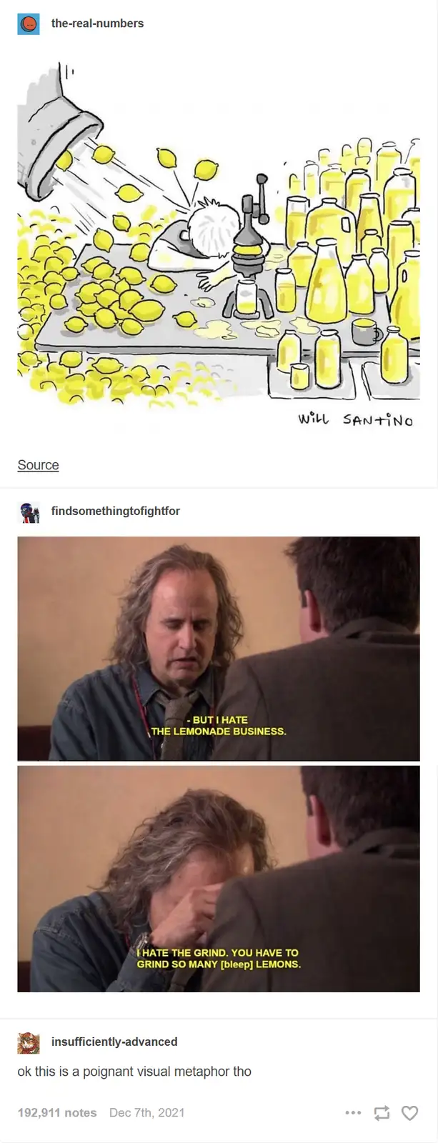 The image shows a cartoon of a person overwhelmed by lemons pouring from a chute onto a workbench, surrounded by filled…