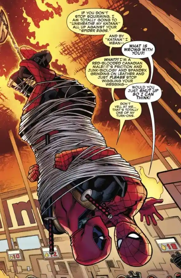 Spider-Man is suspended upside down, tightly wrapped in white webbing, while Deadpool holds a katana to his back. Their…