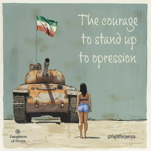 A woman in a bikini stands barefoot facing a rusty tank with an Iranian flag on top, under the text 'The courage to stand up…