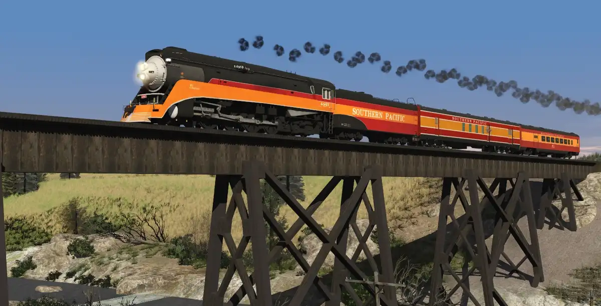 A Southern Pacific steam locomotive, number 4449, pulls passenger cars across a wooden trestle bridge in a scenic, rocky…