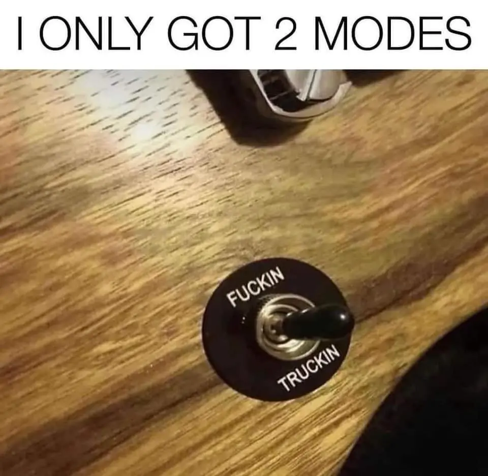 A close-up photo shows a black toggle switch on a wooden surface with two positions labeled 'FUCKIN' and 'TRUCKIN'. Above…