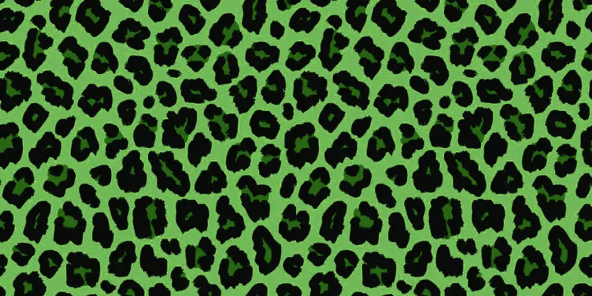 The image displays a repeating pattern of black leopard spots on a bright green background, with no overlaid text or…