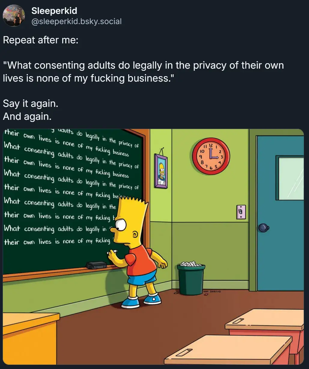 A cartoon image of Bart Simpson standing in a classroom, writing the phrase 'What consenting adults do legally in the…