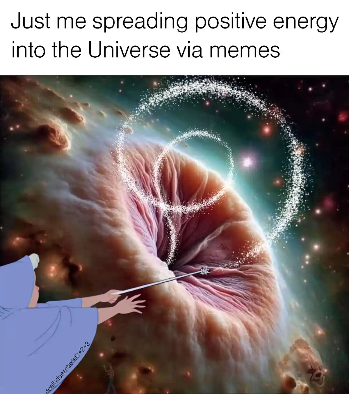 A cartoon character in a blue robe holds a wand, casting a sparkling heart-shaped energy beam into a cosmic nebula. A small…