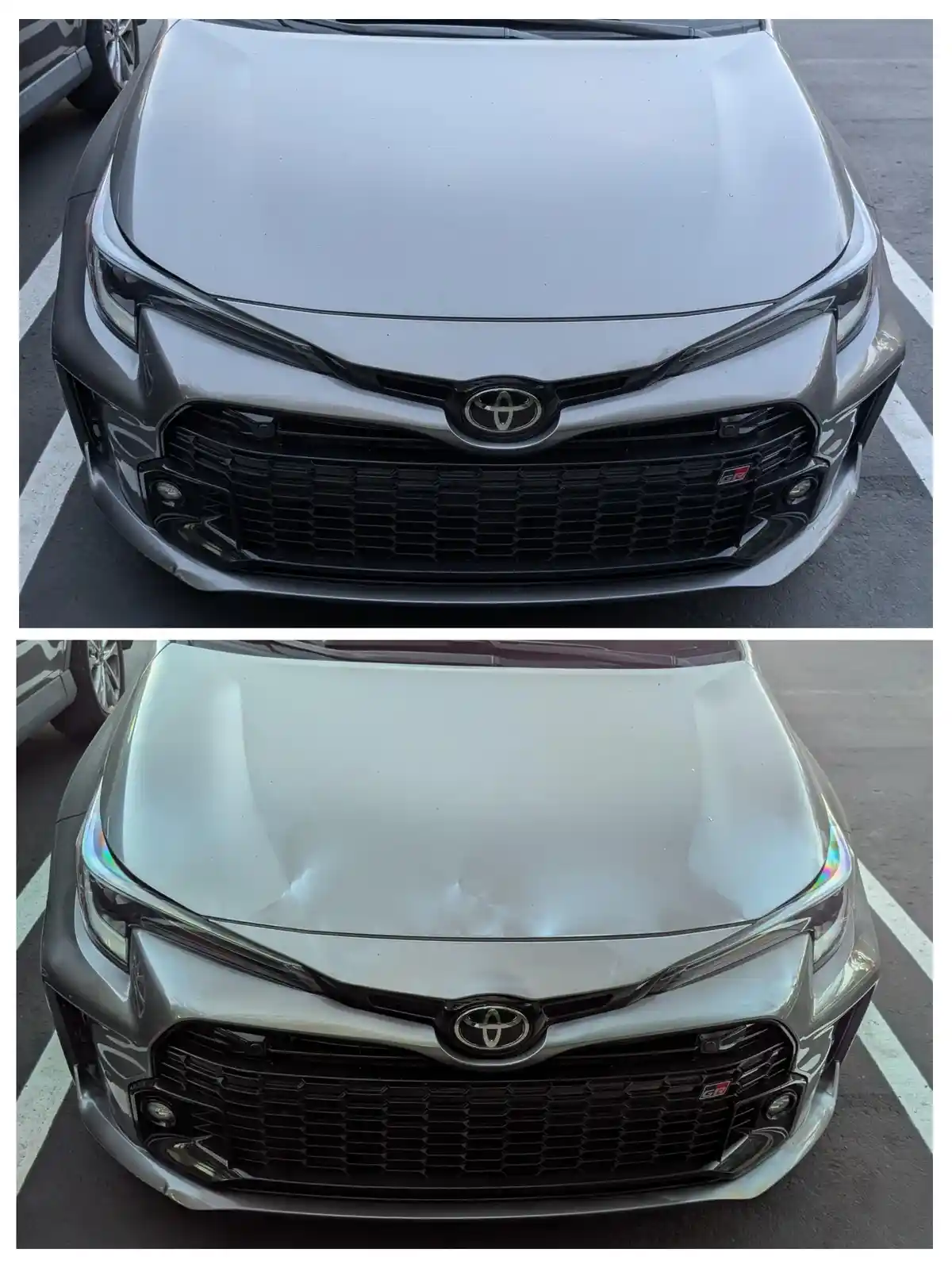 The image shows a silver Toyota GR Corolla from two angles: the top panel displays the car's front with a smooth hood, while…