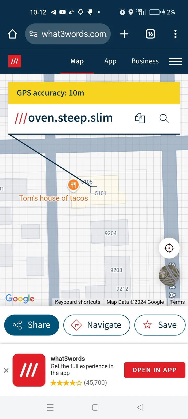 A screenshot of the what3words app showing a map with a location pin on 'Tom's house of tacos'. The app displays the…