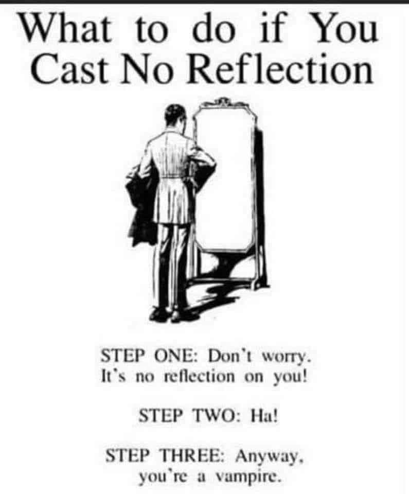 A vintage-style black and white illustration shows a man in a suit standing before a full-length mirror, holding his coat…