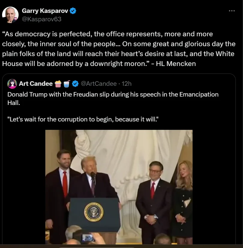 A screenshot of a tweet by Art Candee shows a photo of Donald Trump speaking at a podium with the presidential seal, flanked…