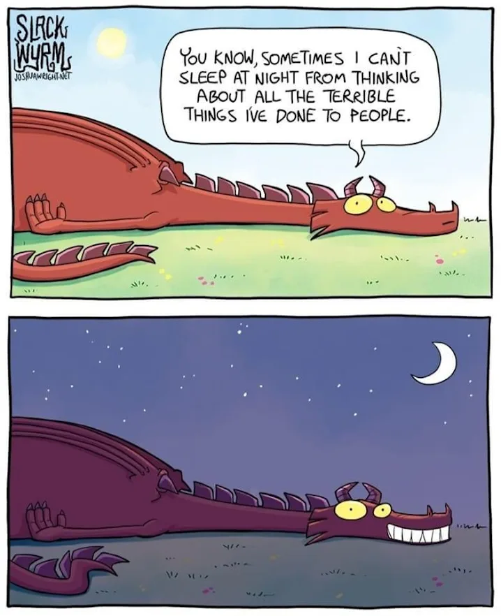 A two-panel comic strip by Slack Wyrm shows a red dragon lying on grass during daylight, speaking about insomnia from guilt…
