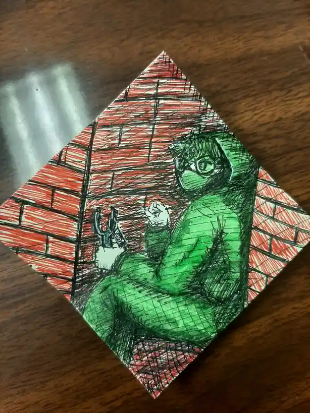 A hand-drawn, diamond-shaped illustration shows a green, muscular Hulk with glasses, flexing his arm while holding a small…
