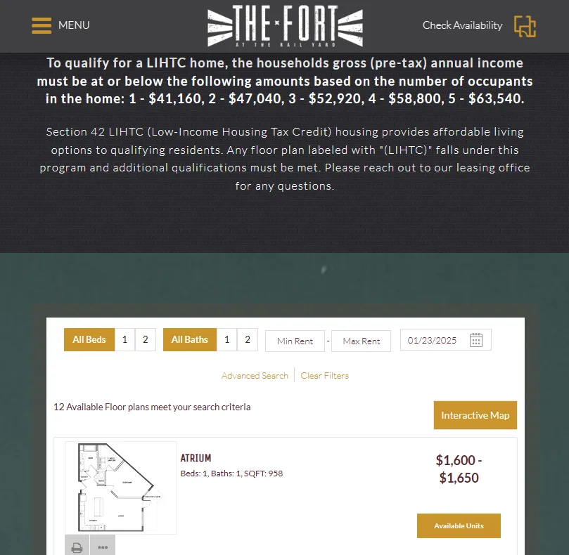 A screenshot of a rental website for 'The Fort at the Rail Yard' showing LIHTC income eligibility requirements and a search…