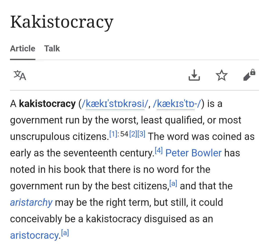 The image displays a screenshot of a Wikipedia article titled 'Kakistocracy,' showing its definition as a government run by…