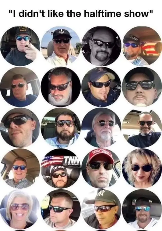 A grid of 16 circular photos shows various people, mostly men, wearing sunglasses and often caps, in cars or outdoors. The…
