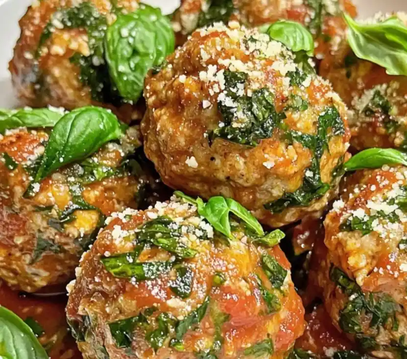 A close-up photo of several golden-brown meatballs coated in tomato sauce, garnished with fresh basil leaves and grated…